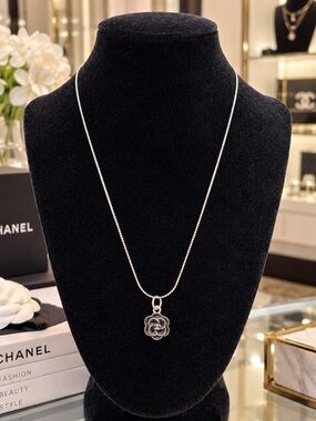 Black Enamel & Silver Camellia Charm w/18” Necklace